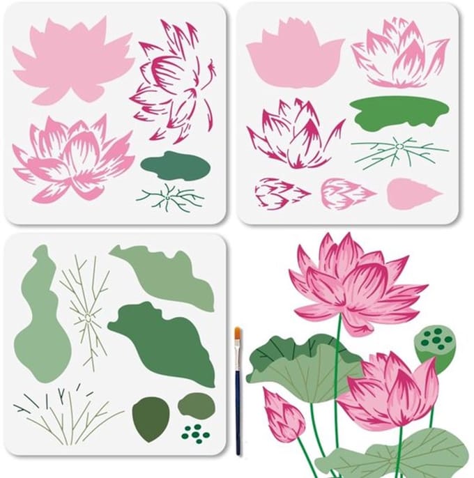 Dailygoods- Sjablonen Gelaagd Lotusontwerp - 3 Stuks - Herbruikbare