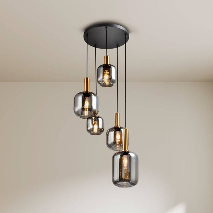 Näve Hanglamp Fumo, rookglas, 5-lamps, rondel