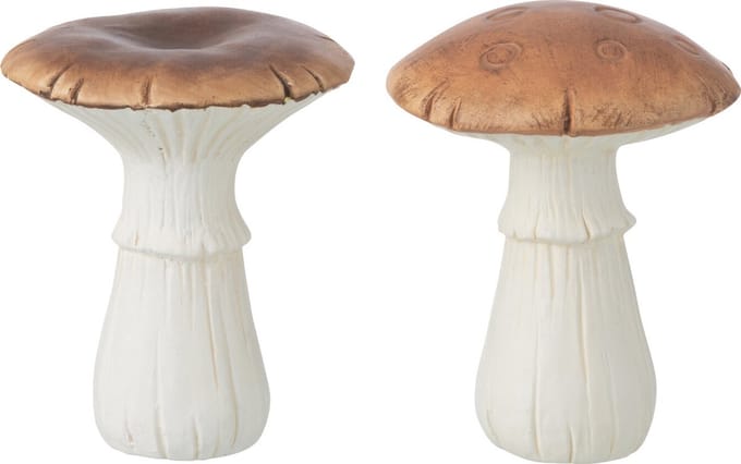 J-Line decoratie Paddenstoel - porselein - wit/bruin - medium - 2 stuks
