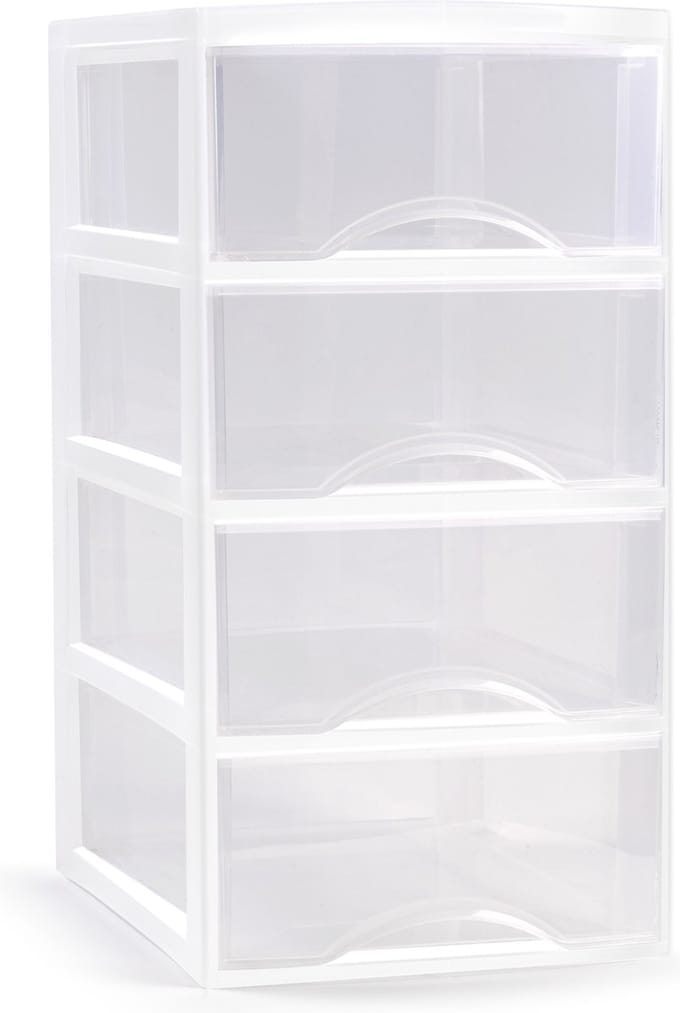 Plasticforte Ladeblokje/bureau organizer met 4x lades - transparant/wit - L18 x B25 x H33 cm