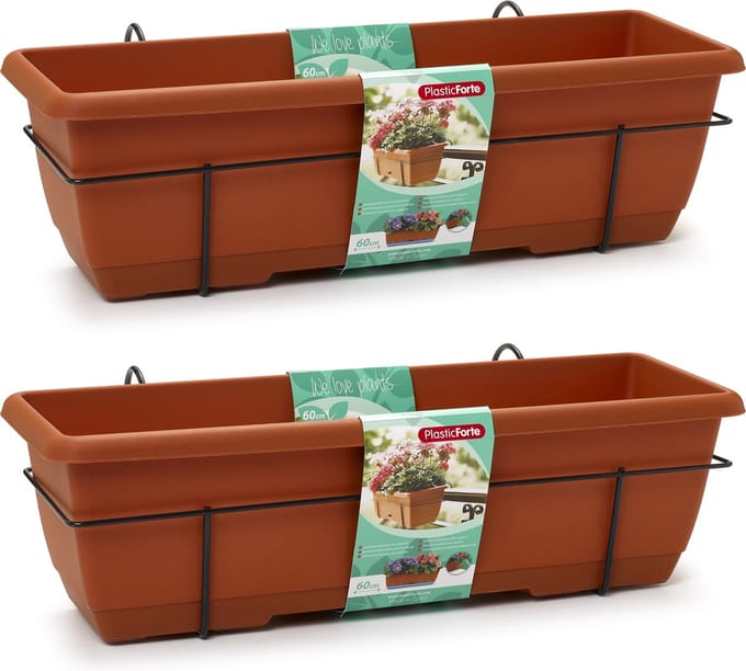 PlasticForte Balkonbak - 2x - terracotta bruin - 60 cm - plantenbak met hanger - bloembak