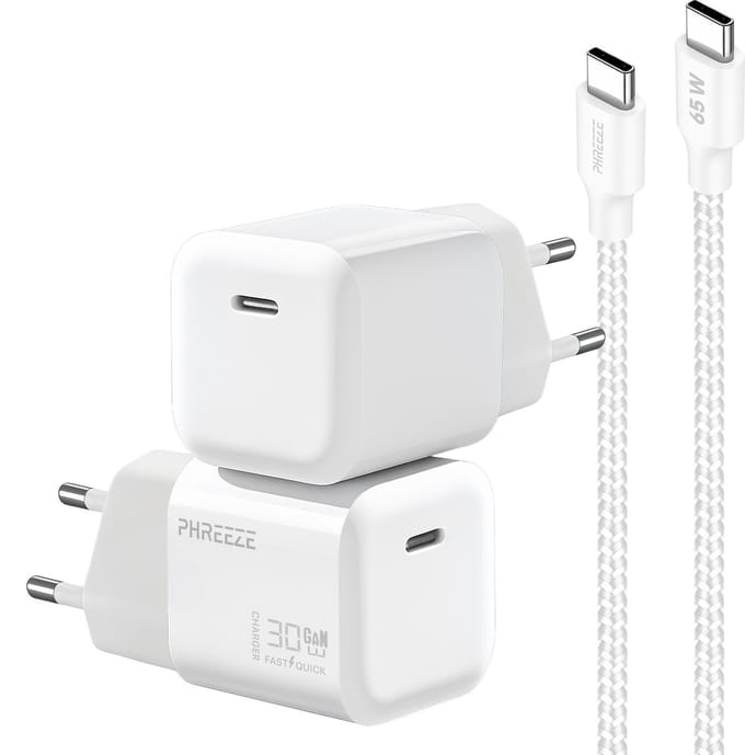 30w usb C GaN lader met usb C kabel 1 meter gevlochten wit