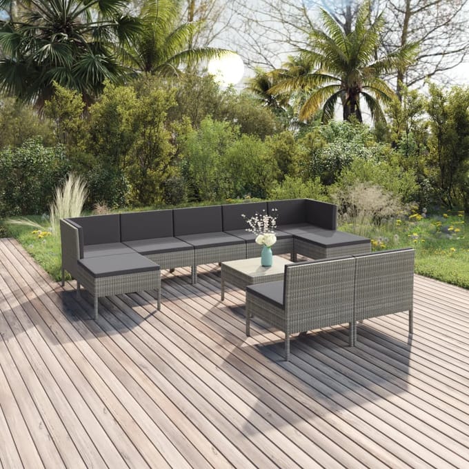 vidaXL - 10-delige - Loungeset - met - kussens - poly - rattan - grijs