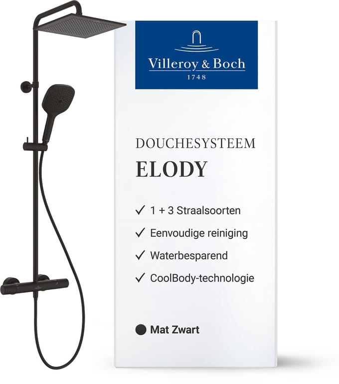 Villeroy & Boch Elody douchesysteem, waterbesparende complete set – Matzwart