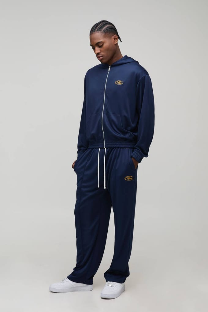Oversized Boxy Tricot Hoodie met Rits en Baggy Joggingbroek Trainingspak | Navy | Size Medium
