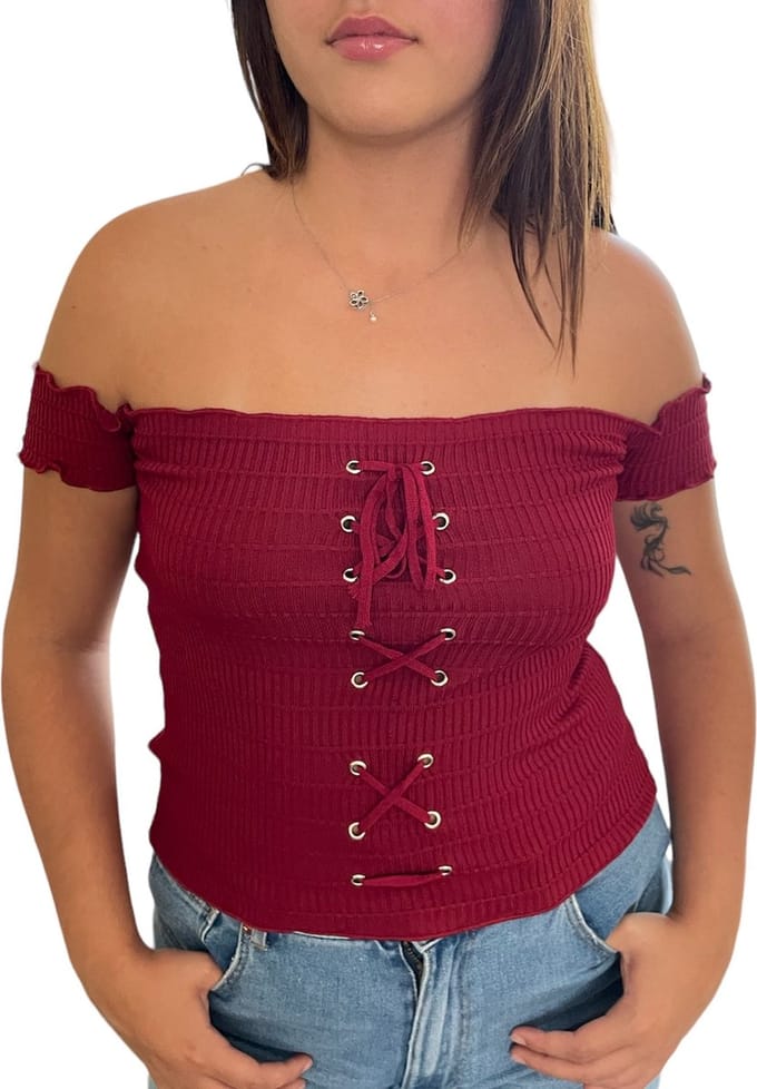 ASTRADAVI Casual Wear - Geribbelde Off-Shoulder Tops Dames - One Size (S/M) - Bordeaux