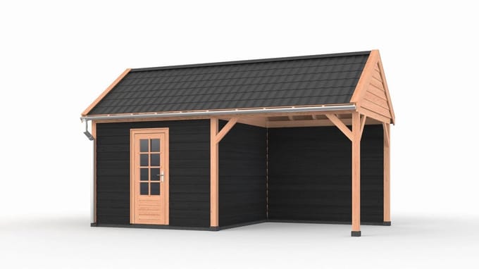 Douglas overkapping zadeldak, 600 x 300, met schuur en achterwand, Westwood Ruiter Basic