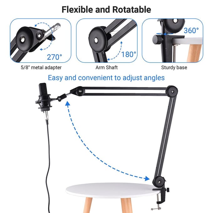 Microfoonstandaardset Zware microfoonophanging Schaarboomarm met klemplakband voor zingen zwart