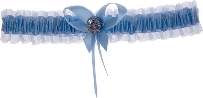 Kousenband lichtblauw met strikje en strass