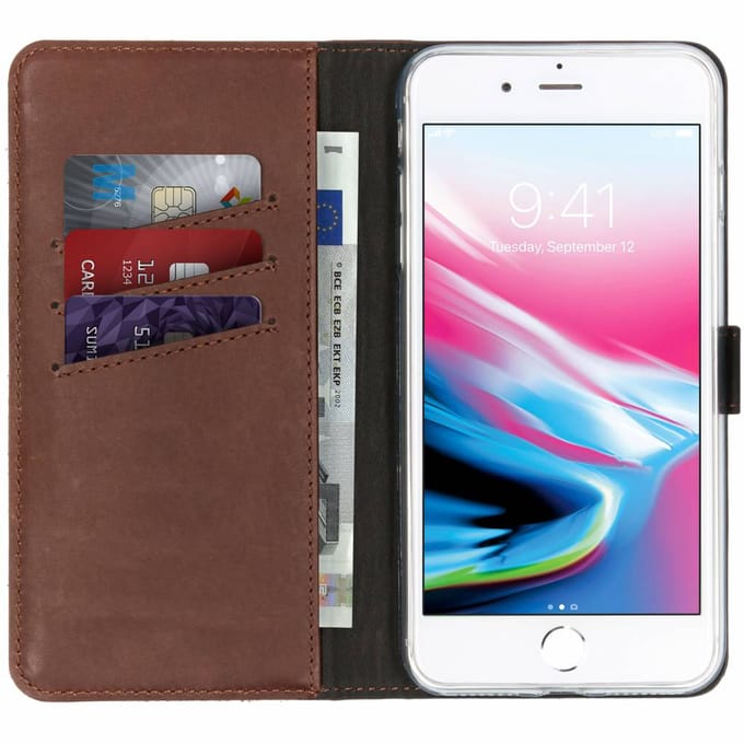 Selencia Hoesje - Geschikt voor Apple iPhone 8 Plus / 7 Plus - Echt Lederen Bookcase - Bruin