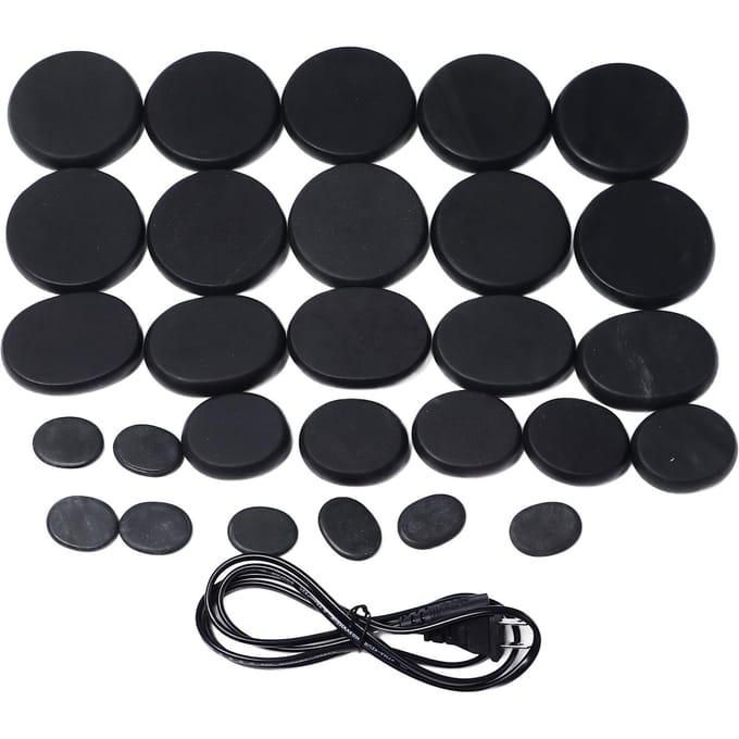 Massageset met warme stenen, inclusief aluminium verwarmer en verschillende maten voor lichaamsontspanning en spa-plezier. US Plug black