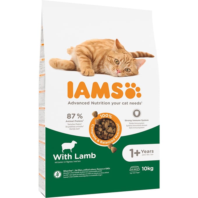 IAMS droogvoer voor volwassen katten met lam - Complete voeding voor een gezonde spijsvertering, 10kg zak