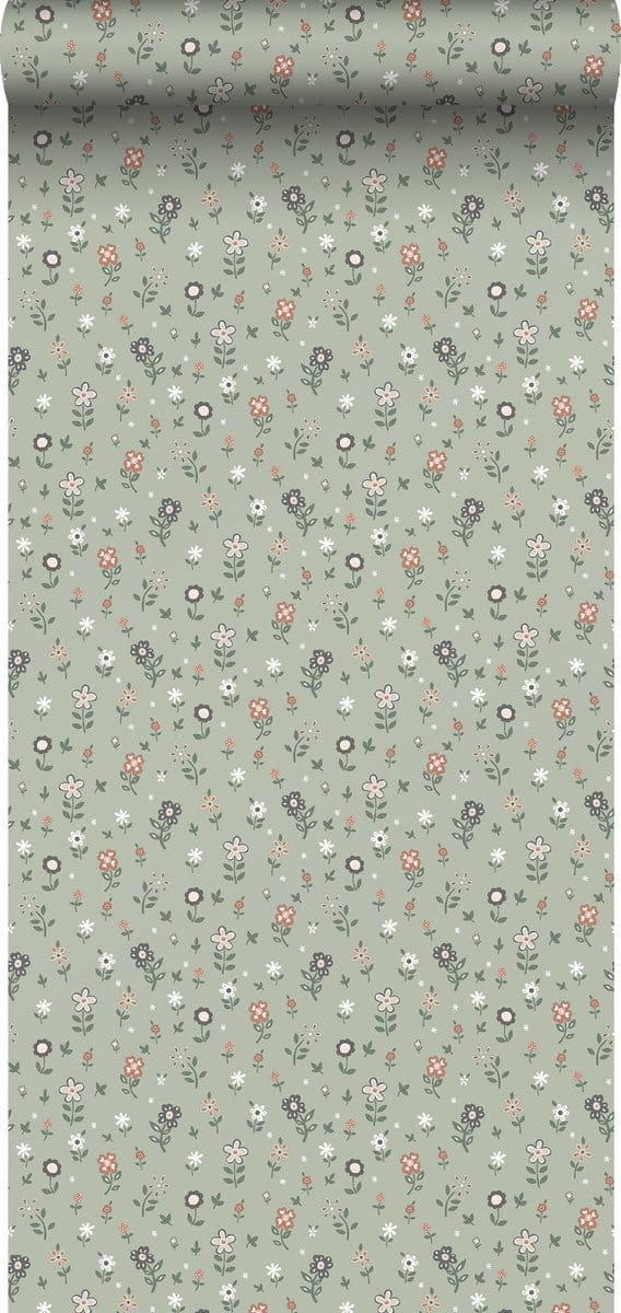 ESTAhome behang bloemetjes vergrijsd groen - 53 cm x 10.05 m - 139287