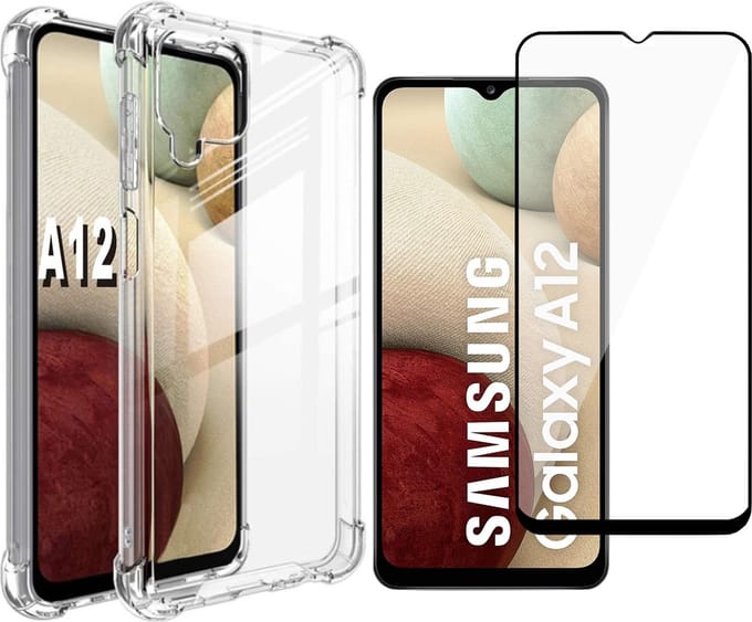 Hoesje geschikt voor Samsung Galaxy A12 - Screen Protector FullGuard - Back Cover Case ShockGuard Transparant & Screenprotector