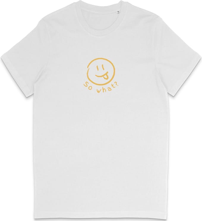 Grappig Heren Dames T Shirt So What? Nou En? - Minimalistische Smiley Print - Wit- L