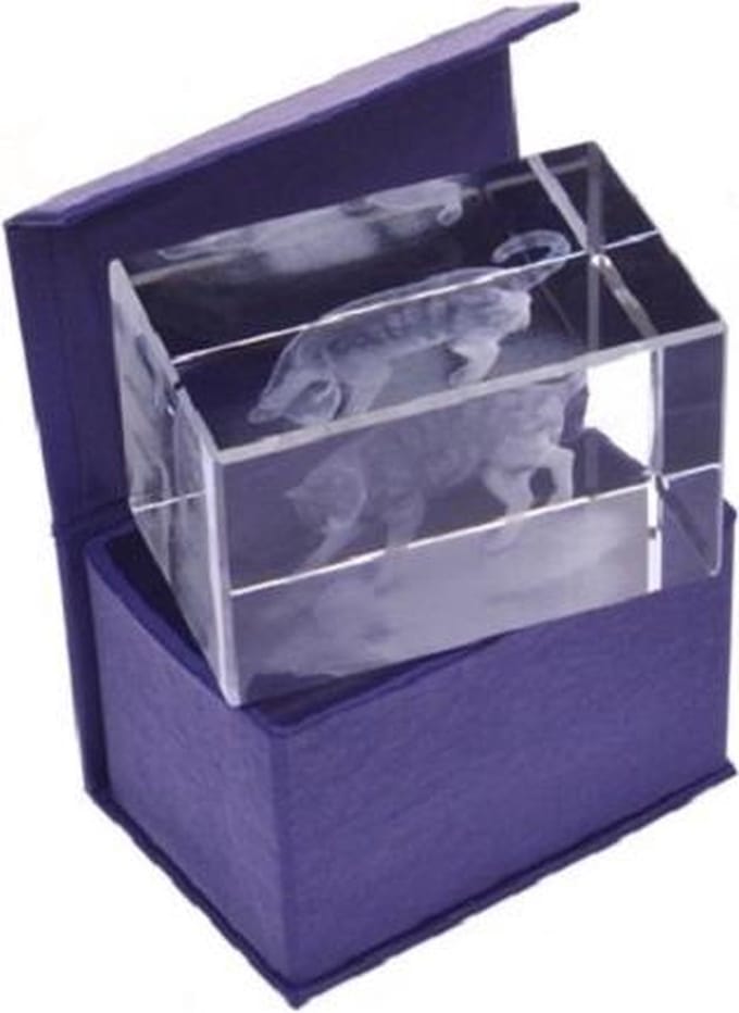 3D Laser Gravure Poes in Glasblokje – Kat met Wol – Luxe Cadeau – 8 cm