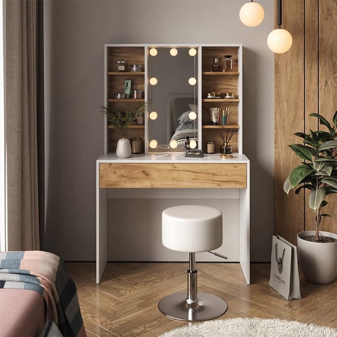 Elegante Kaptafel met Spiegel en Verstelbare Kruk - Wit Eiken Decor