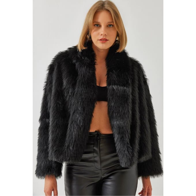 Faux Bont Cropped Open Kraag Jas
