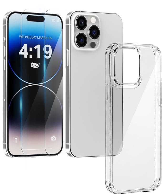 Hoesje geschikt voor iPhone 14 Pro Max case transparant - 2x screenprotector - extra sterk beschermglas