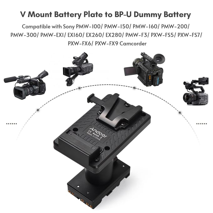 Andoer V-Lock V-mount batterijplaat op BP-U dummy-batterijadapter met verstelbare staafvervanging zwart