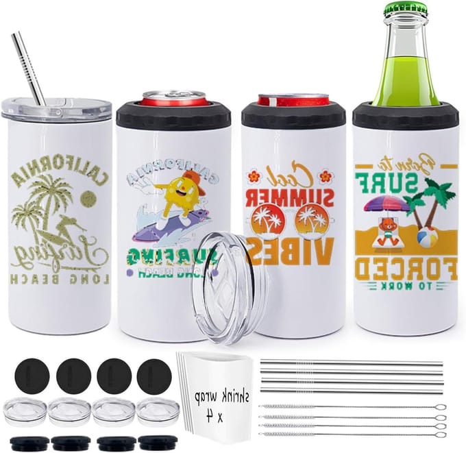 Blanco Tumblers - Can Cooler Set - Dranken Koel Houden - 4-in-1 Set - 16oz 4 Pack - Wit