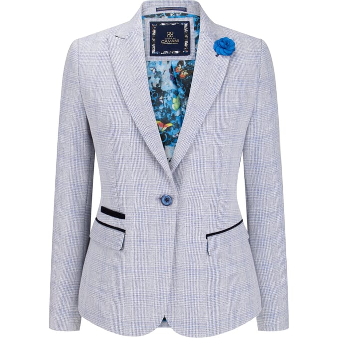 Dames blauw geruite blazer van wolmix met visgraatmotief en tweedmotief
