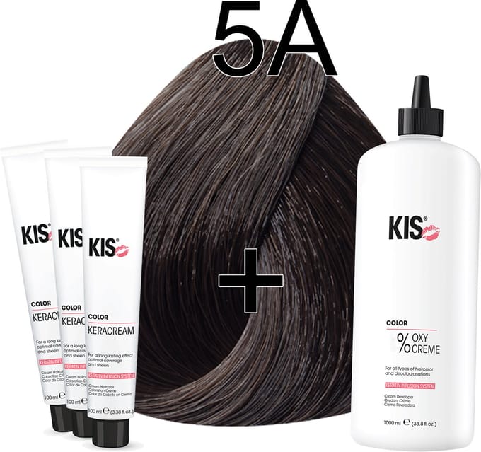Kis KeraCream Color - 100ml - Haarverf Set - 5A Licht asbruin | KIS - (3 x haarverf & 1L waterstofperoxide)