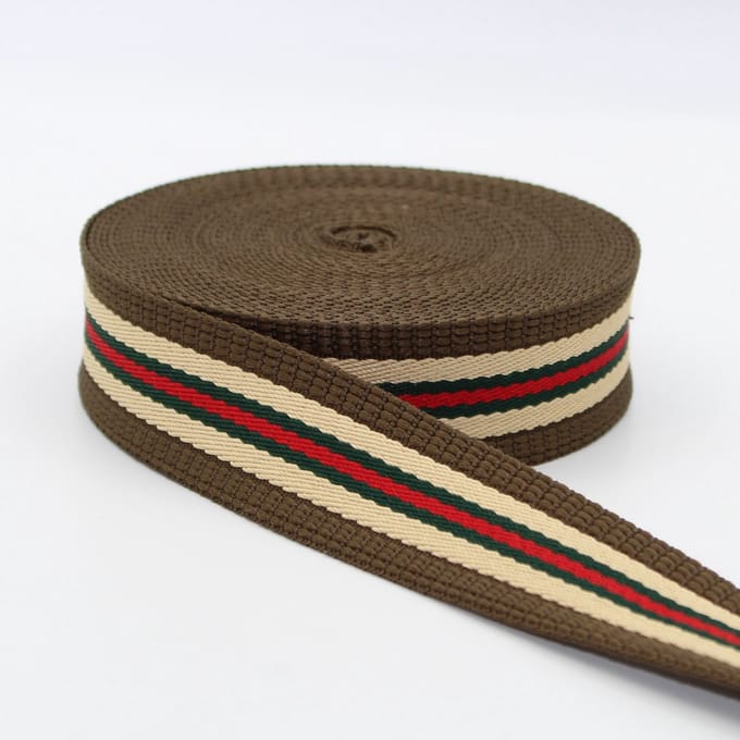 5 Meter GESTREEPTE TASSENBAND, Breedte 40MM, Kleur 15 TAUPE/BEIGE/GROEN/ROOD