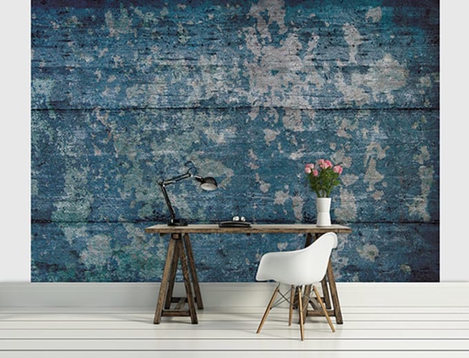 Abstract Painted Wood Texture Blue Photo Wallcovering