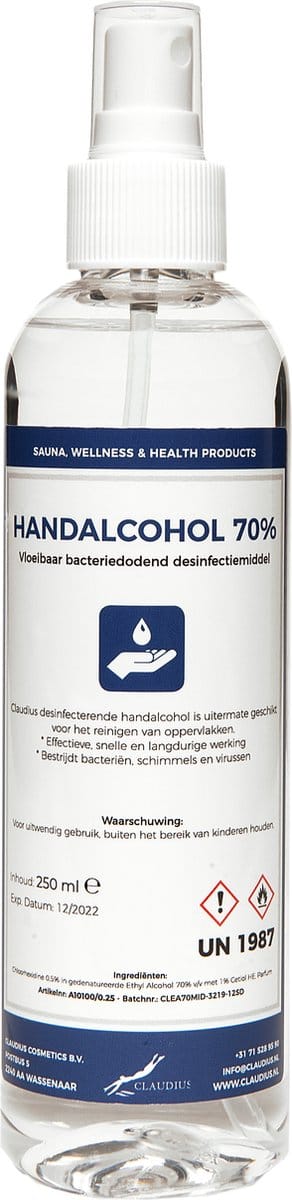 Handalcohol spray 70% - 250 ml met witte verstuiver dop