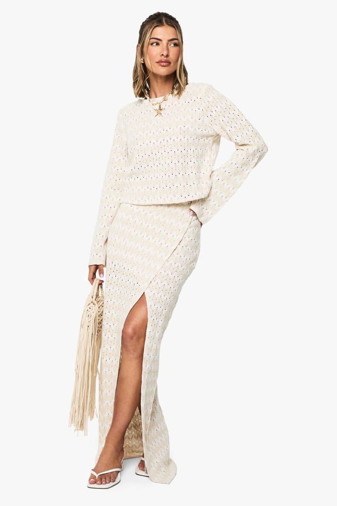 boohoo Dames Zig Zag Gebreide Strand Maxi Rok | Beige | Maat: Medium
