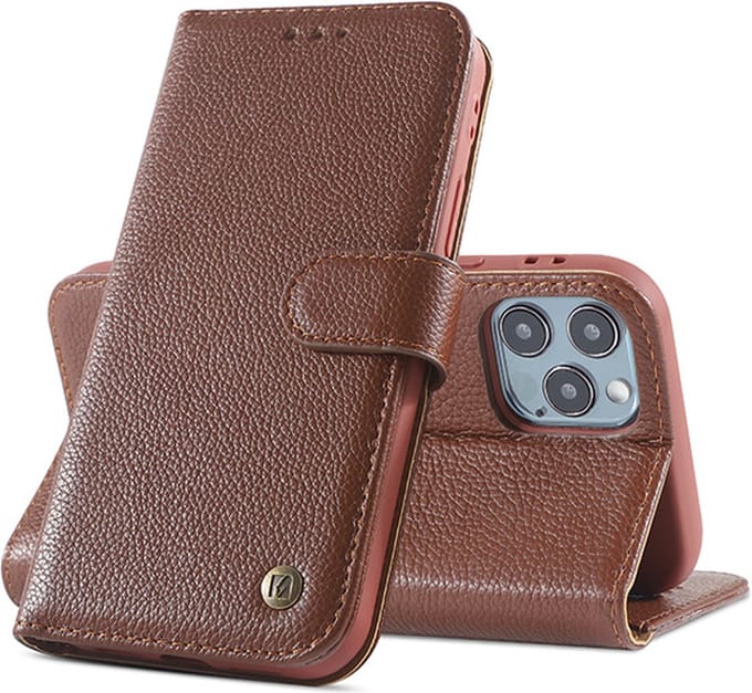 Echt Lederen Book Case Hoesje - Leren Portemonnee Telefoonhoesje - Geschikt voor iPhone 12 Pro Max - Bruin