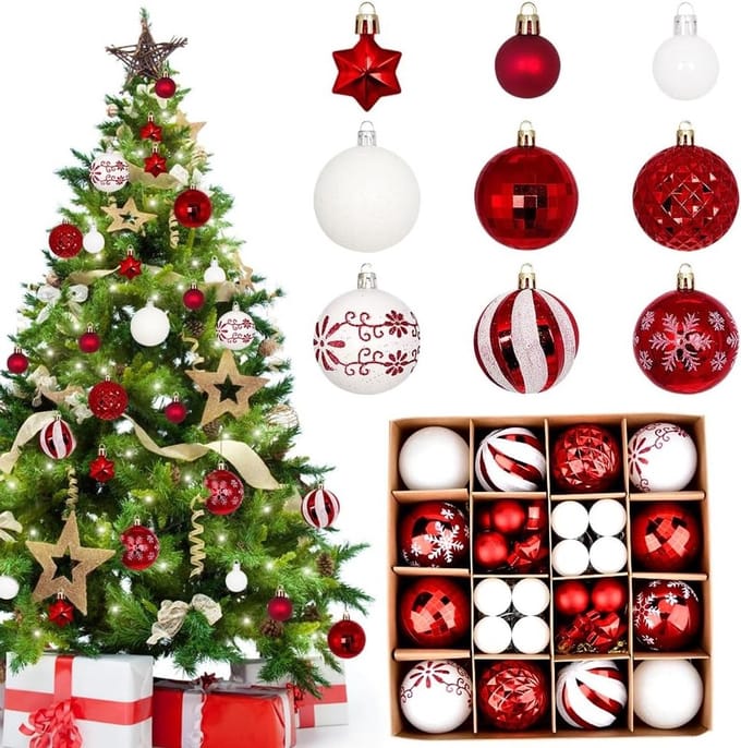 Kerstballen Set van 44 Stuks in Rood en Wit - Plastic Kerstversiering voor een Feestelijke Sfeer