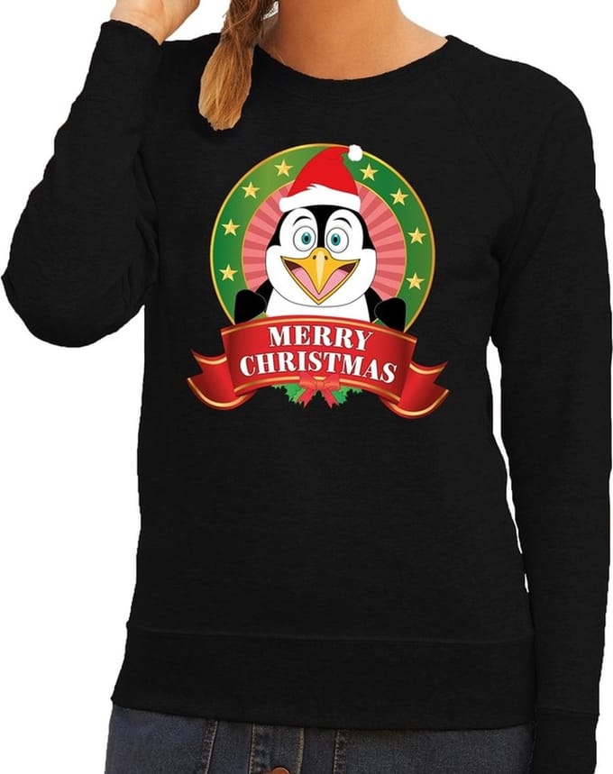 Foute kersttrui / sweater pinguin - zwart - Merry Christmas voor dames M