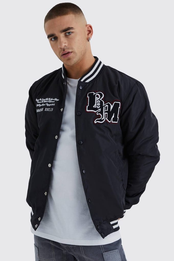 Nylon Varsity Jacket With Badges | Black | Size Medium