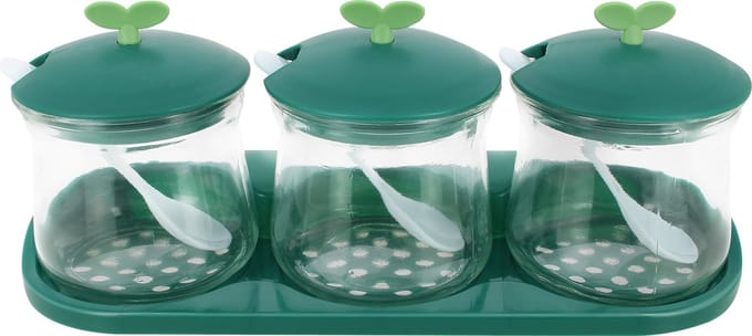 Cheffinger, Set van 3 Kruidenpotten in Glas met Dekselen en Plastic Houder, Groen