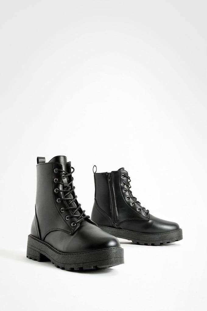 boohoo Dames Vetersluiting Chunky Hikerlaarzen | Zwart | Maat: 37