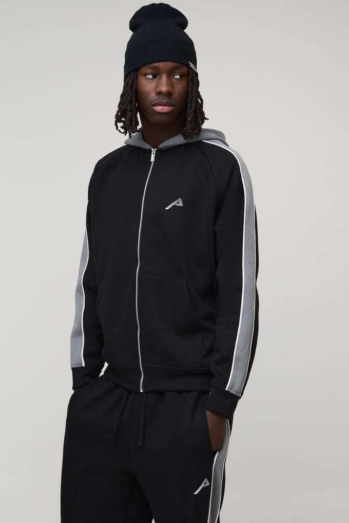 Oversized Trainingspak Met Panelen Ritshoodie En Relaxed Joggingbroek | Black | Size Medium
