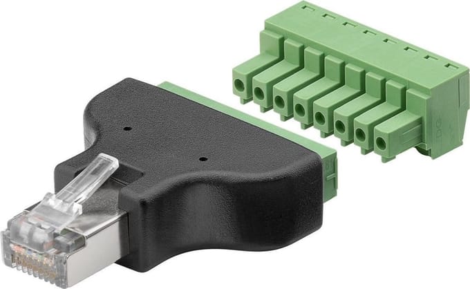 Goobay Klemmenblok 8-polig naar RJ45-stekker 8P8C, afneembare schroefbevestiging, 2-delig, voor snelle bedrading van gestripte kabeleinden