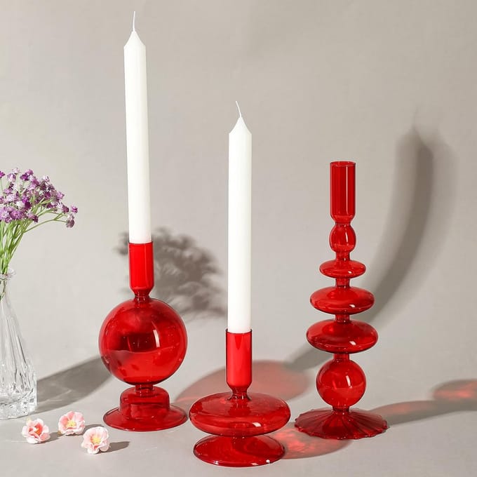 Set van 3 Glazen Kandelaars Golfmodel Elegant voor Diner en Feest - Rood