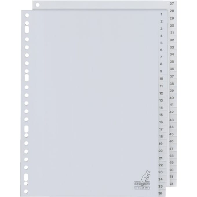 Kangaro tabbladen - A4 - 52-delig met cijfers - PP 120 micron - grijs - 23-gaats