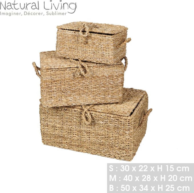 “NATURAL LIVING” set van 3 kisten van zeegras – H15 cm / H20 cm / H25 cm