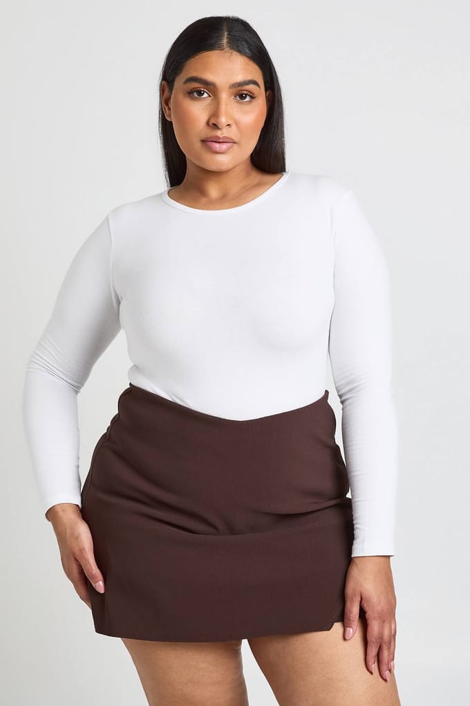 boohoo Dames Plus Bengaline Wikkel Skort | Chocolate | Maat: 28