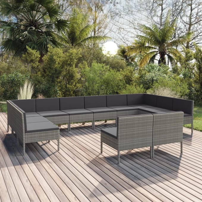 vidaXL - 12-delige - Loungeset - met - kussens - poly - rattan - grijs