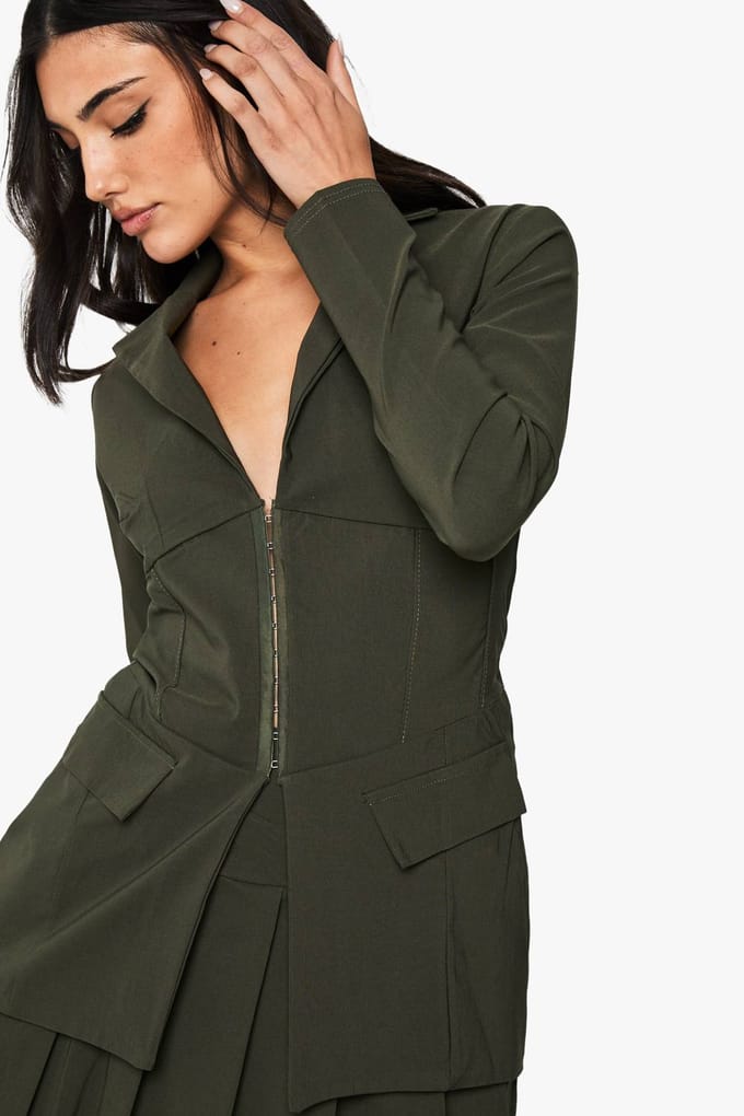 boohoo Dames Bengaline getailleerde blazer met haak- en oogsluiting | Kaki | Maat: 36