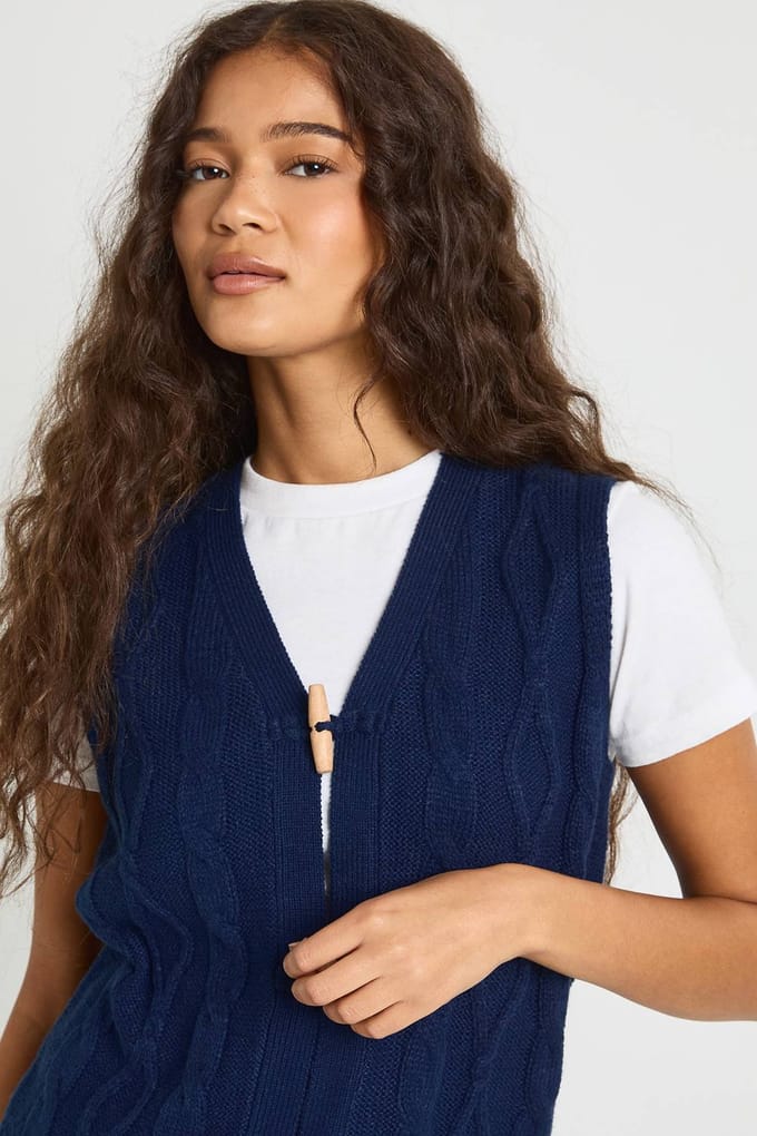 boohoo Dames Kabelgebreide gilet met toggleknopen | Navy | Maat: Small