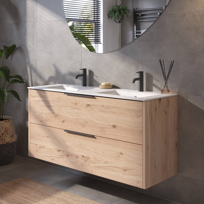 Saqu Lima Badkamermeubel Set - 121x46 cm - Voorgemonteerd - Eiken - Wastafelmeubel - Badmeubel