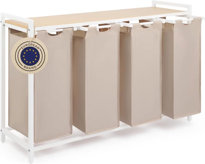 Florixa® Wasmand 4 Vakken - Wasmand - Wassorteerder - Crème- 111cm x 36cm x 73cm