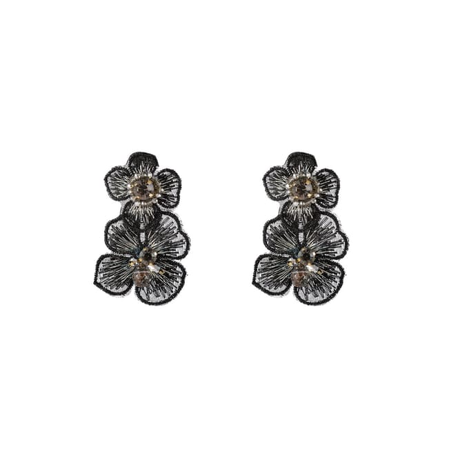 Go Dutch Label Oorknoppen Two Flowers Dangle Zwart