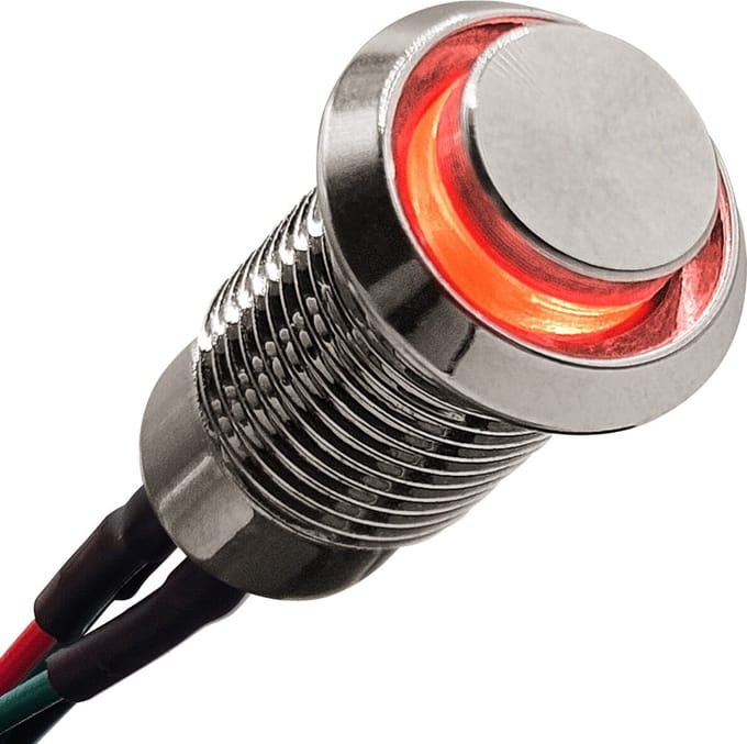 ProRide Metalen Mini Drukschakelaar 220V ON-OFF - 8mm - met Aansluitkabel - 220V - High Surface - LED Indicatie Rood